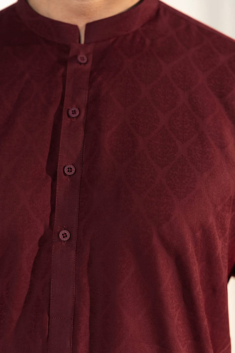 Burgundy Silk Jacquard 2-Piece Kurta | Band Collar