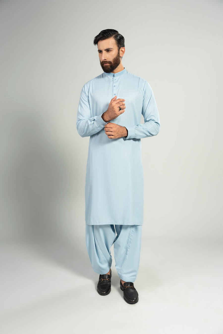 Sky Blue Crape Dobby 2-Piece Kurta | Band Collar