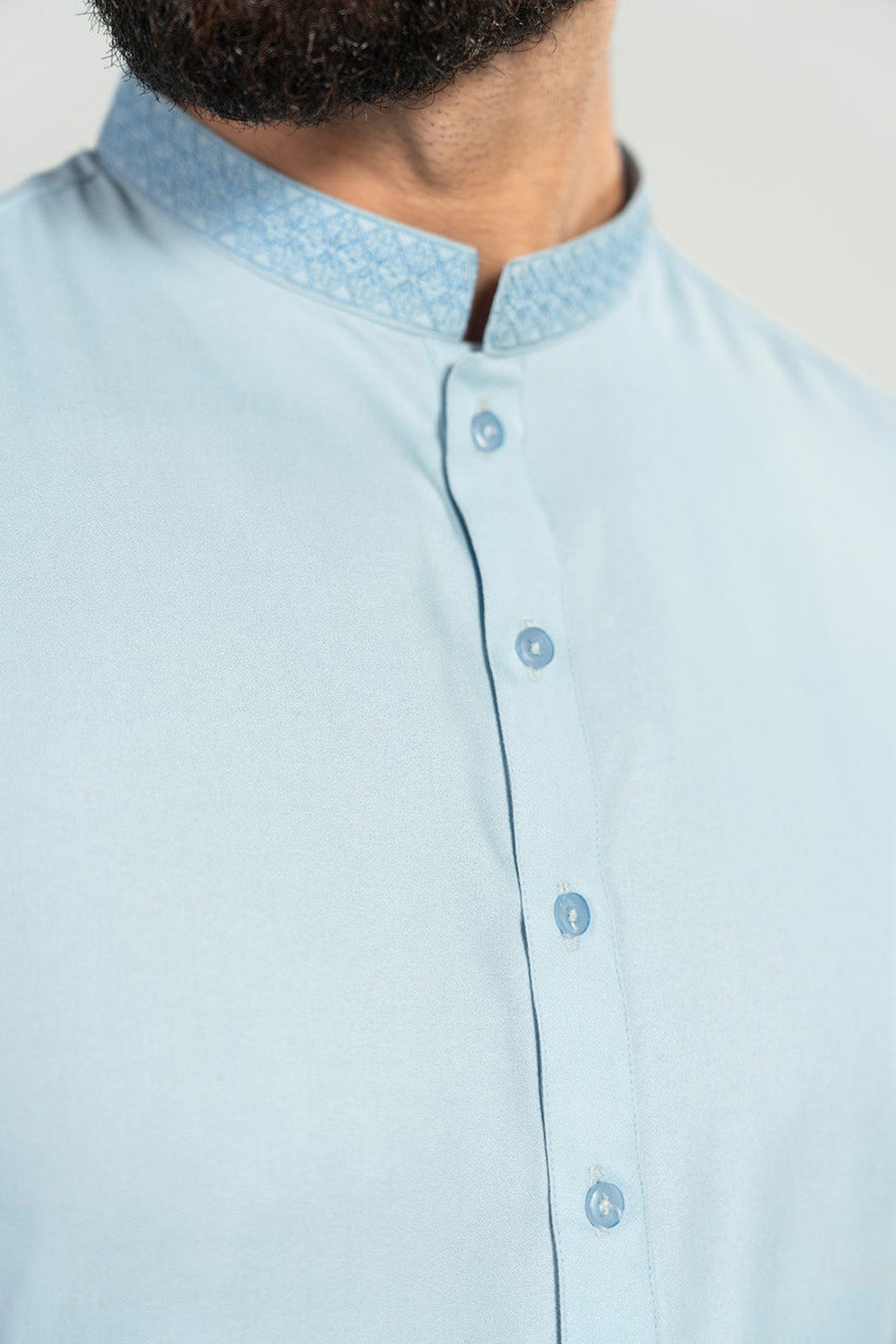 Sky Blue Crape Dobby 2-Piece Kurta | Band Collar