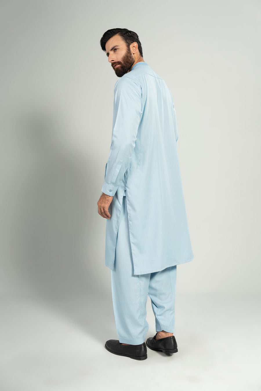 Sky Blue Crape Dobby 2-Piece Kurta | Band Collar