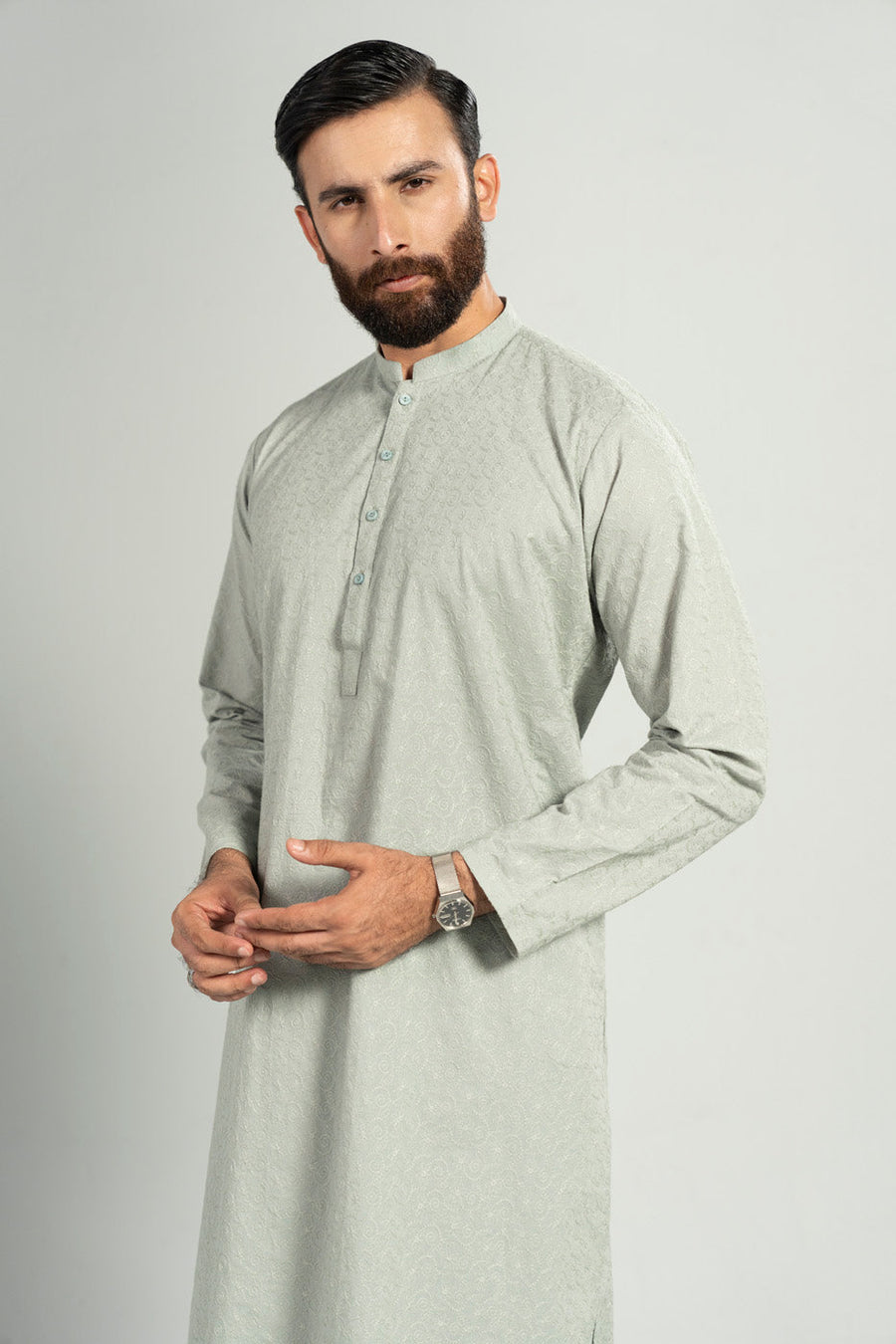 Sage Cotton 2-Piece Kurta Set | Henley Neckline
