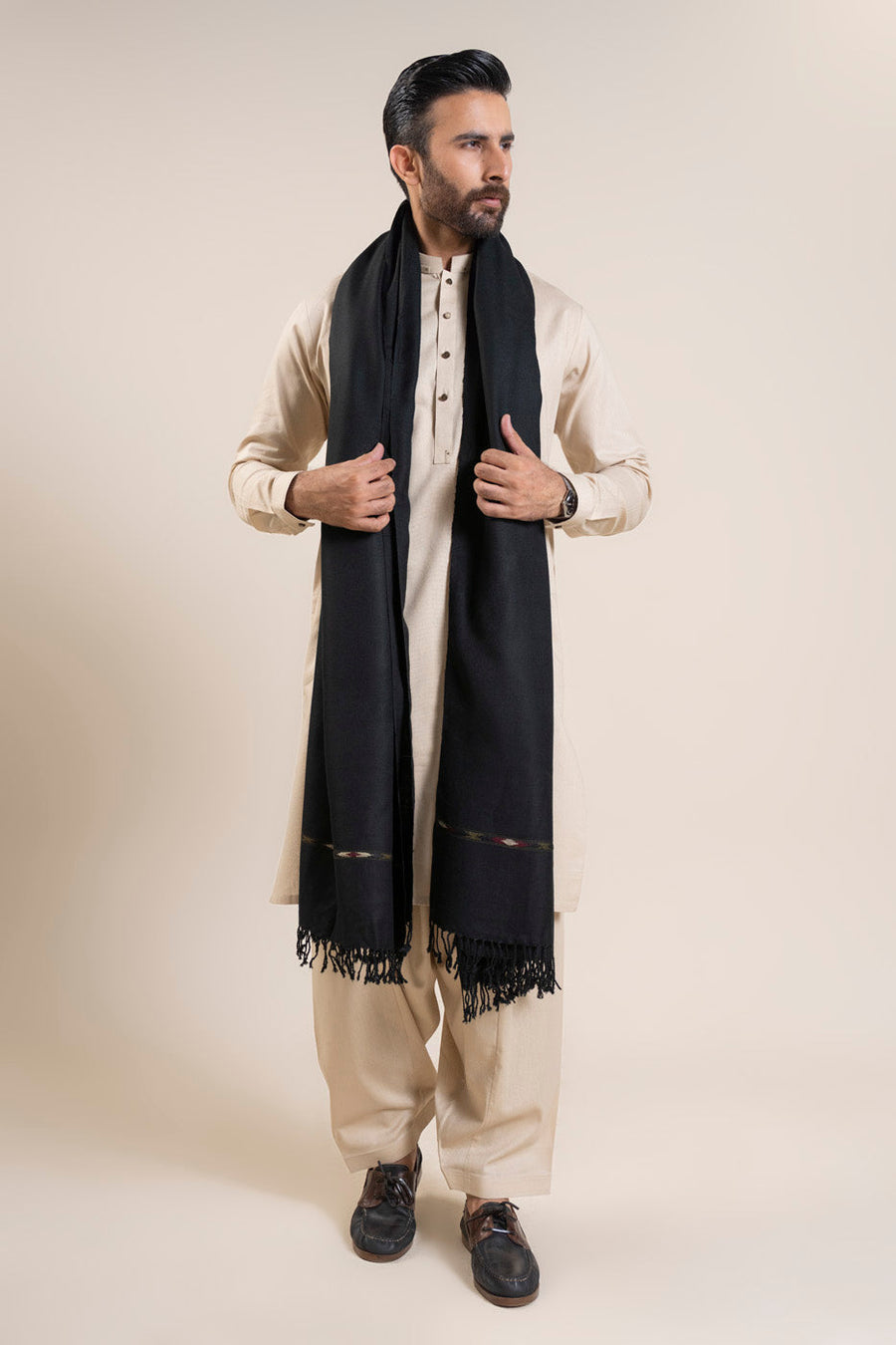 Midnight Acrylic 3-Piece Kurta Set | Fringed Shawl Wrap - Pehnaawaa