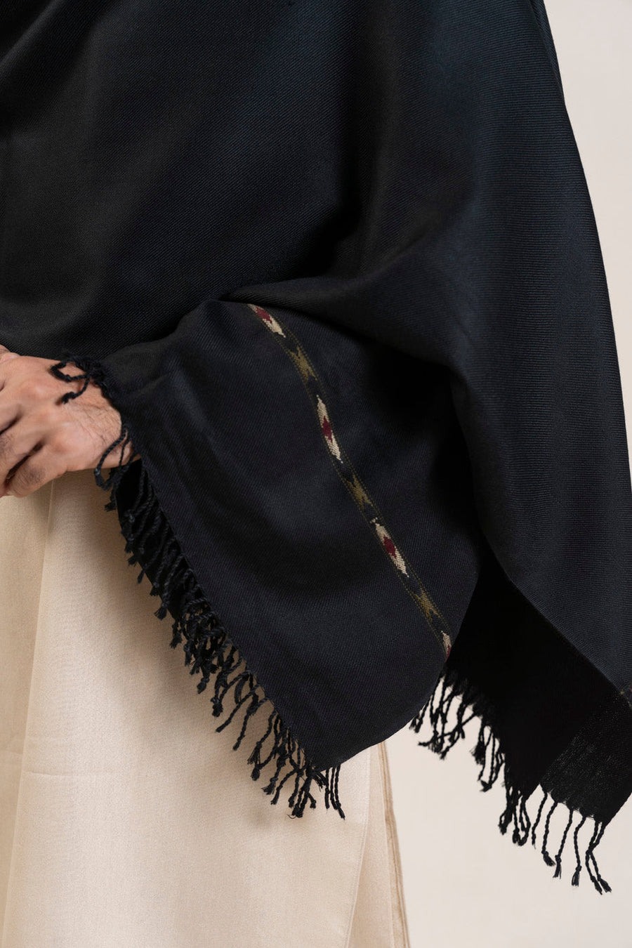 Midnight Acrylic 3-Piece Kurta Set | Fringed Shawl Wrap - Pehnaawaa