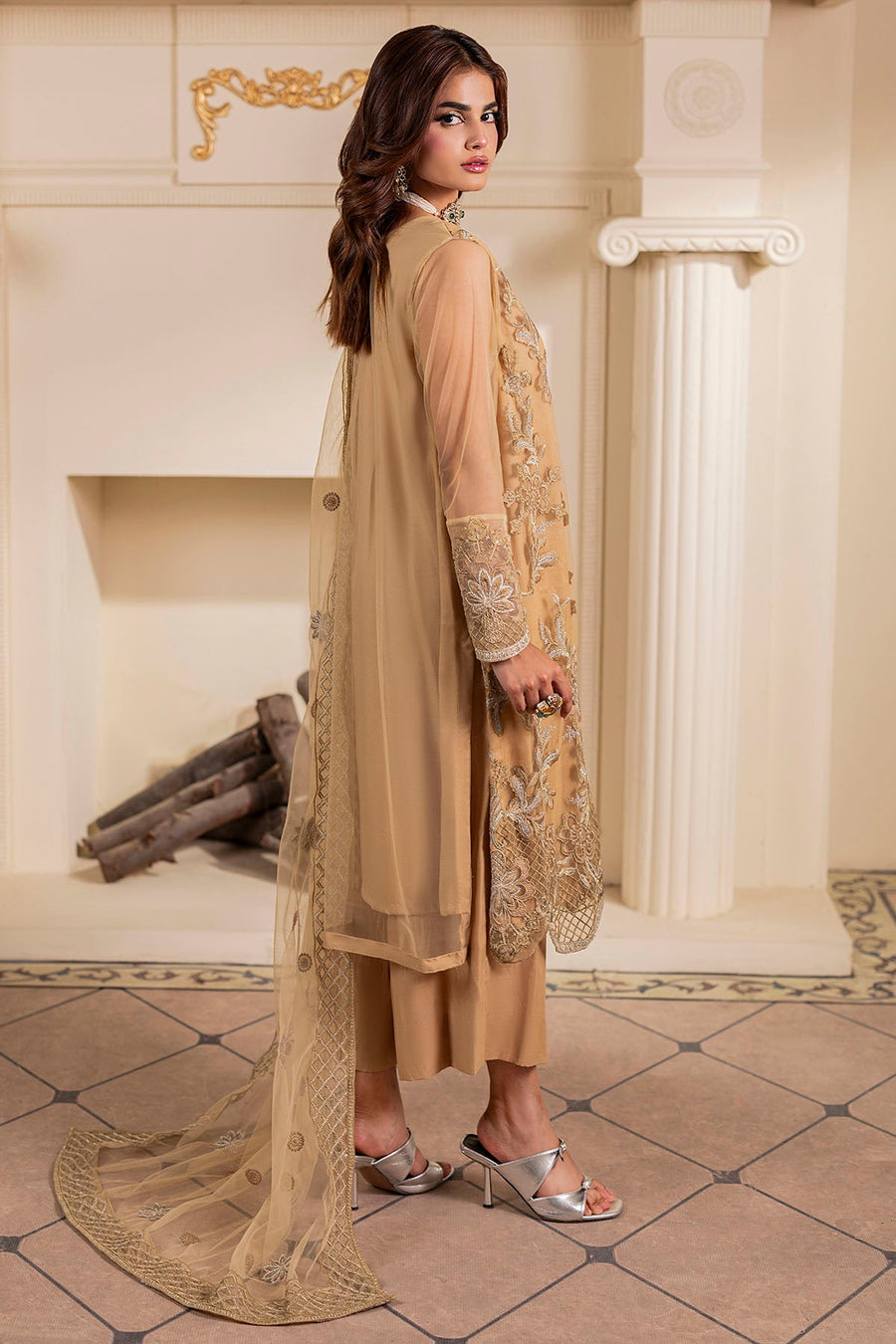 5334-AYLA EMBROIDERED SILK NET STITCHED