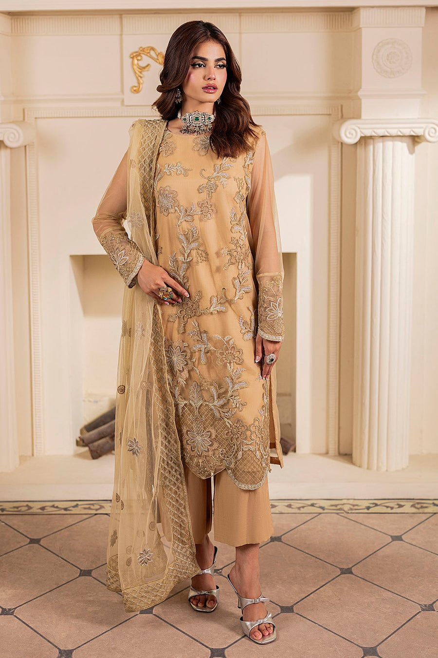 5334-AYLA EMBROIDERED SILK NET STITCHED
