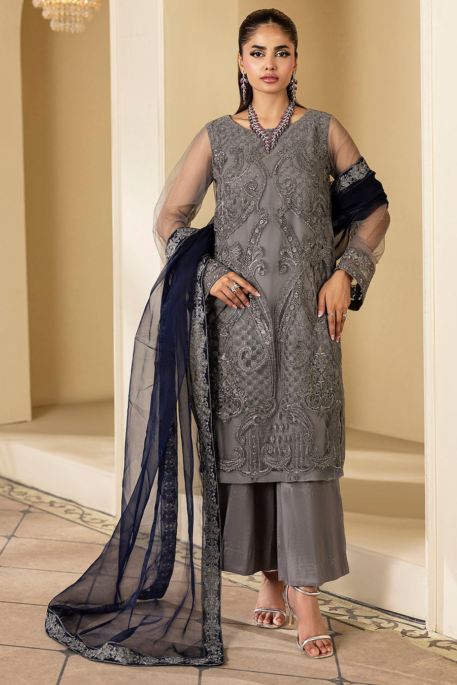 5336-ESME EMBROIDERED SILK NET STITCHED