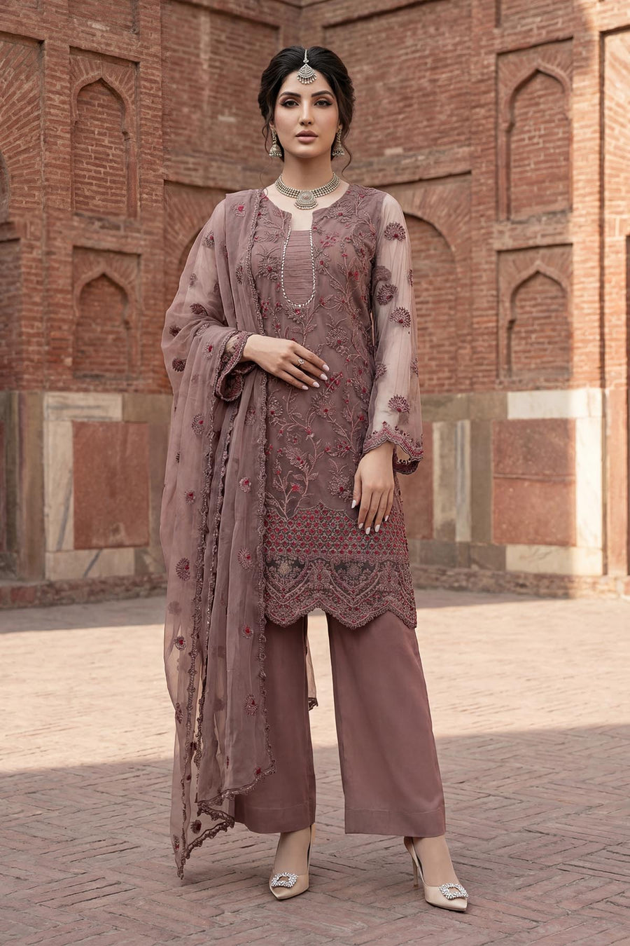 5338-IZARA EMBROIDERED SILK NET STITCHED