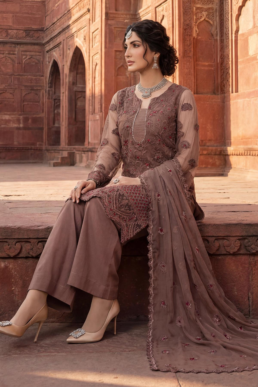 5338-IZARA EMBROIDERED SILK NET STITCHED
