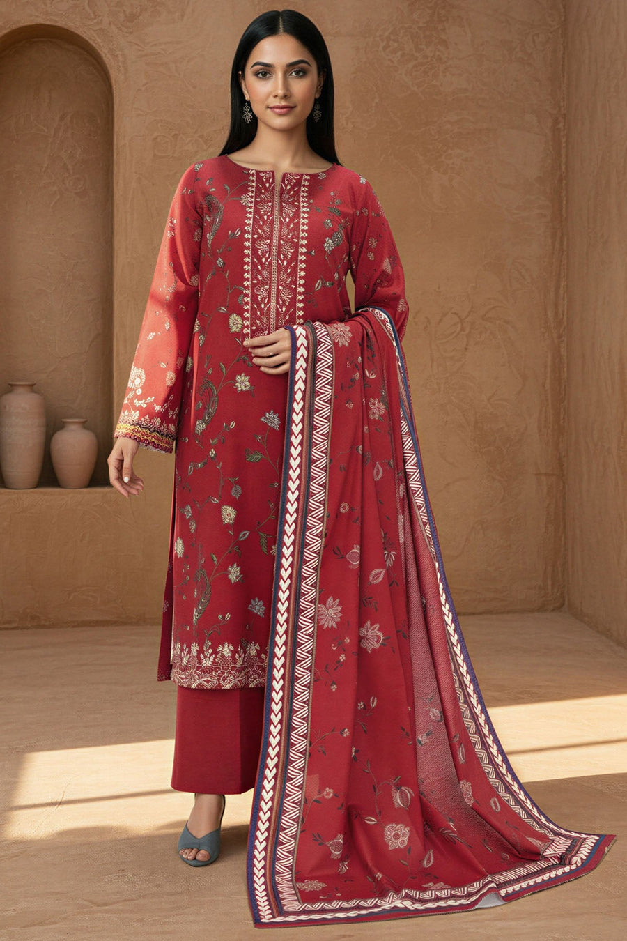 Razva Digital Printed Khaddar 3-Piece Ready-to-Wear Suit with Dora Shawl