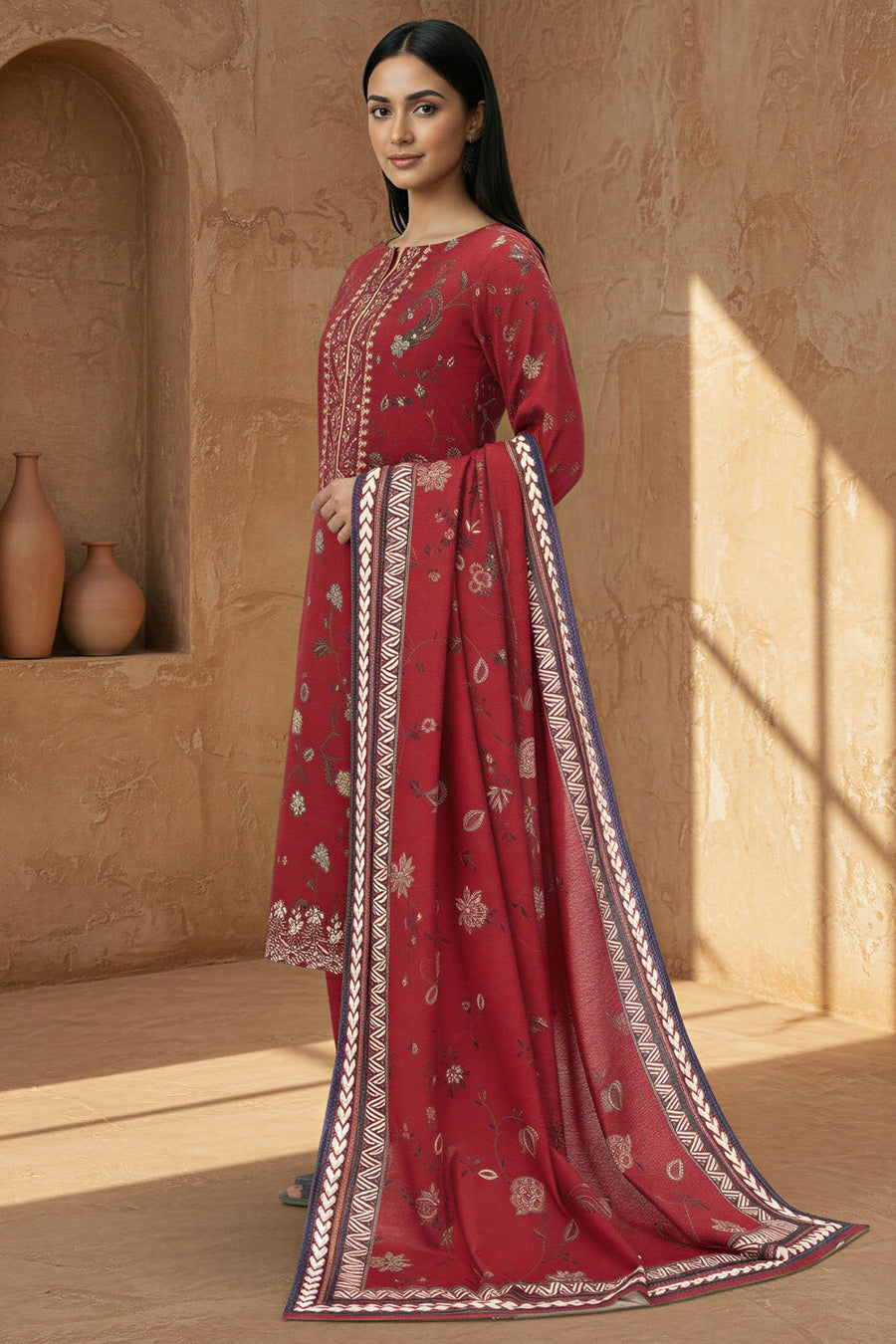 Razva Digital Printed Khaddar 3-Piece Ready-to-Wear Suit with Dora Shawl