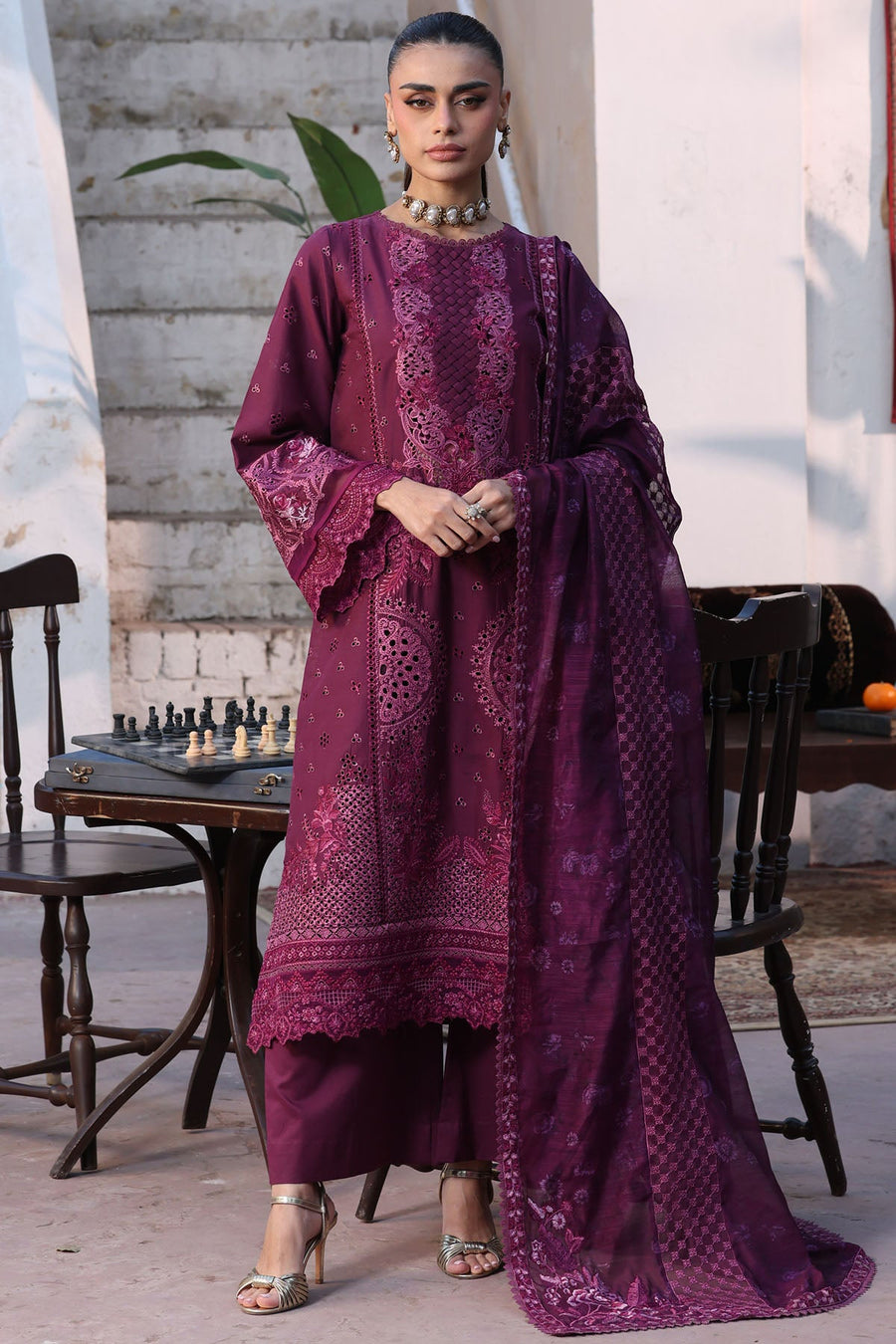 5931-CRIMSON EMBROIDERED LAWN STITCHED