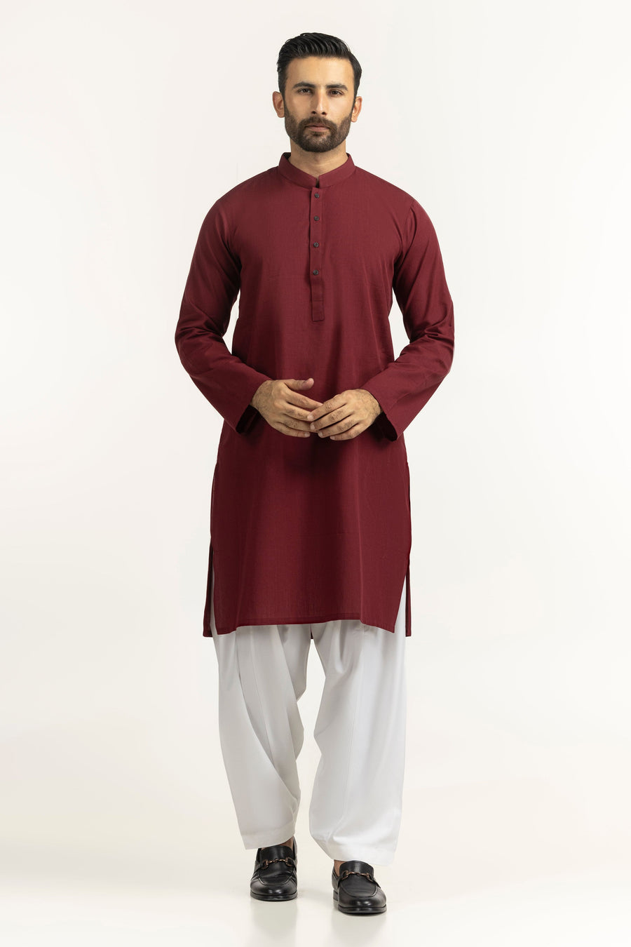 Burgundy Cotton 1-Piece Kurta | Mandarin Collar
