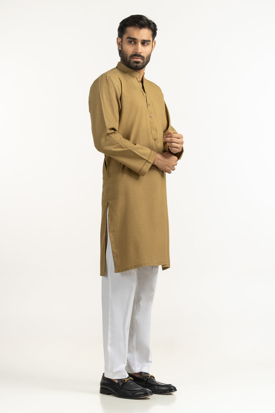 Mustard Mulberry Silk 2-Piece Kurta | Mandarin Collar