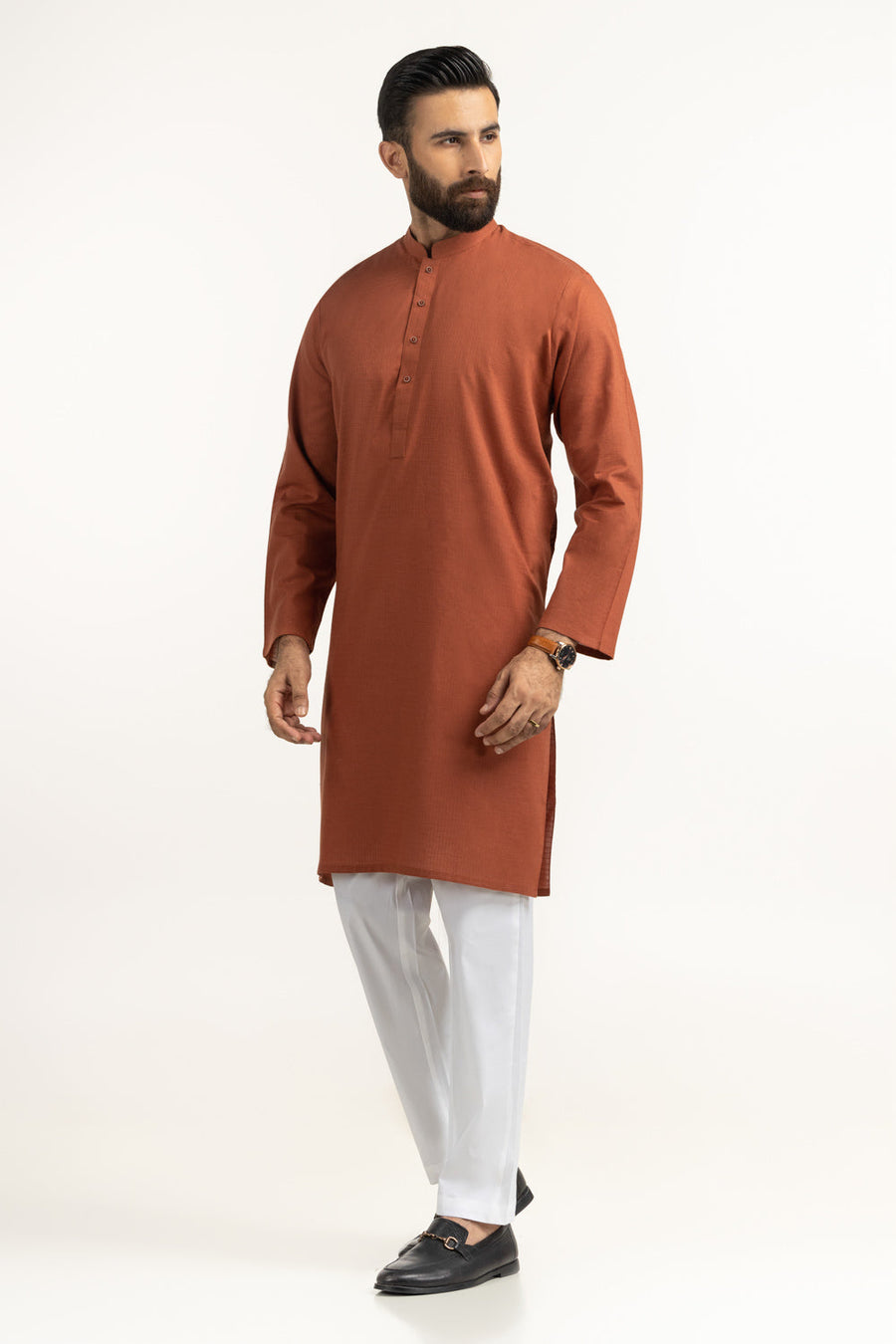 Rust Brown Cotton Kurta | Mandarin Collar Minimalist
