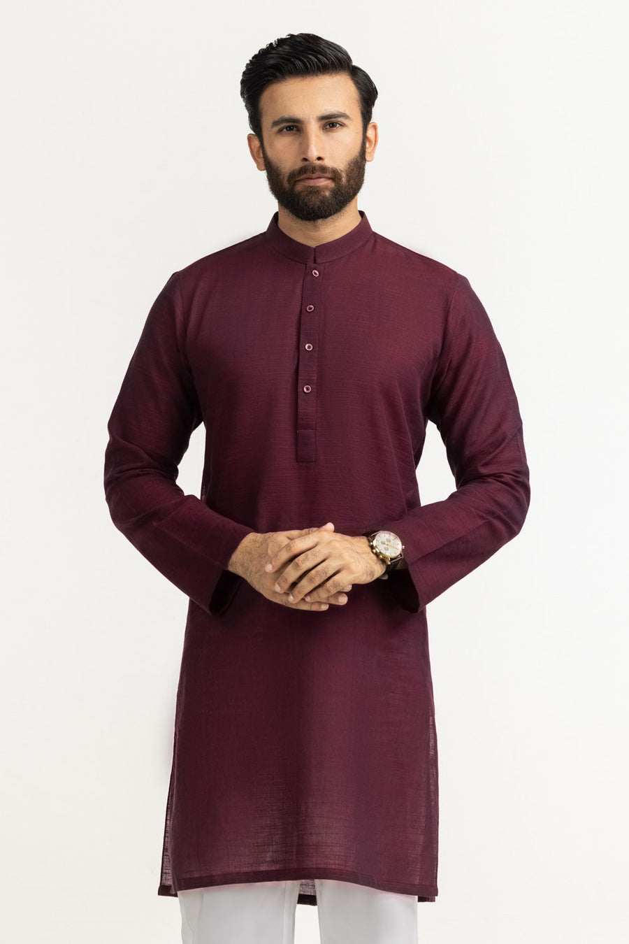 Burgundy Cotton Kurta | Mandarin Collar Button-Front 1-Piece