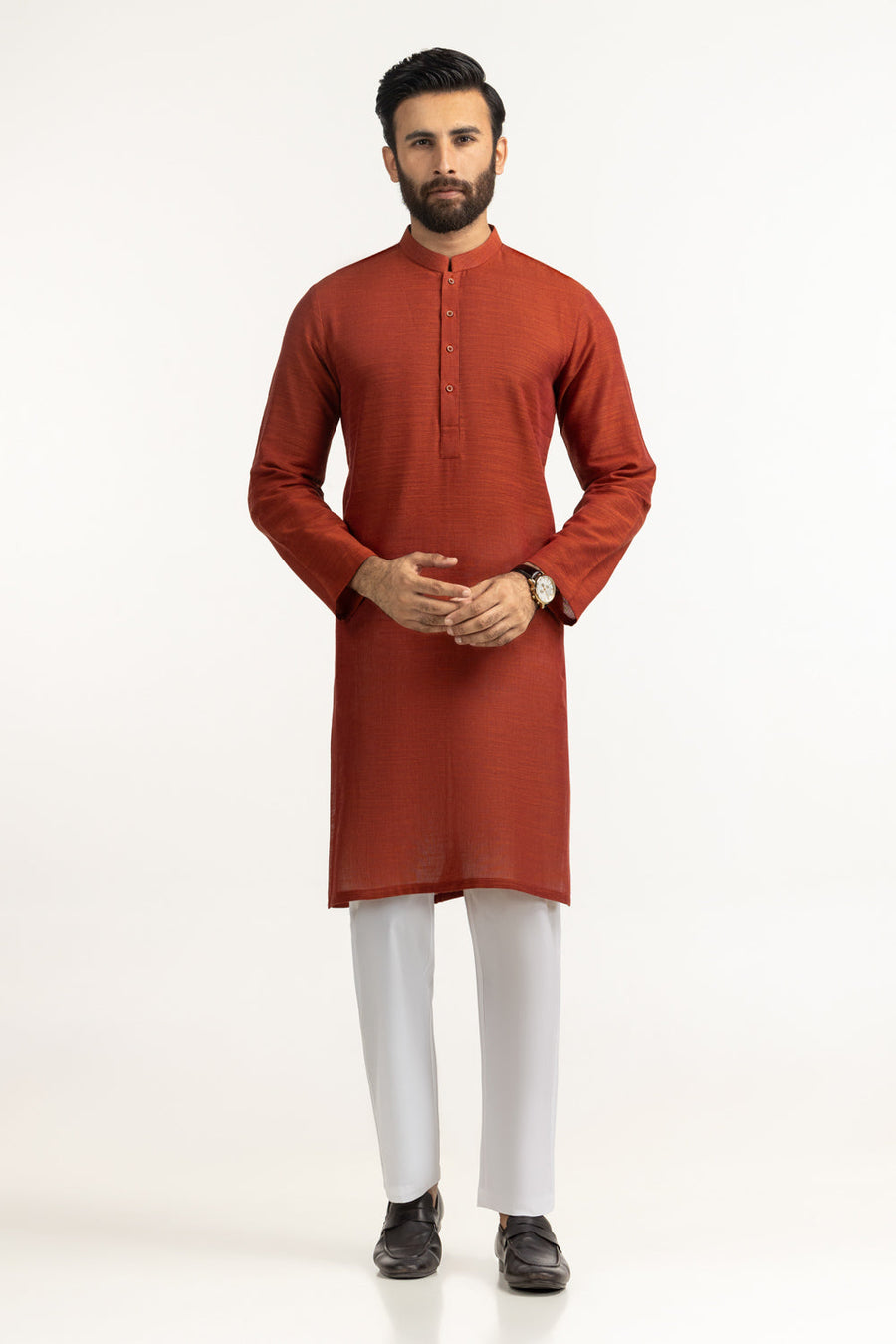 Rust Linen 2-Piece Kurta | Mandarin Collar Button Front