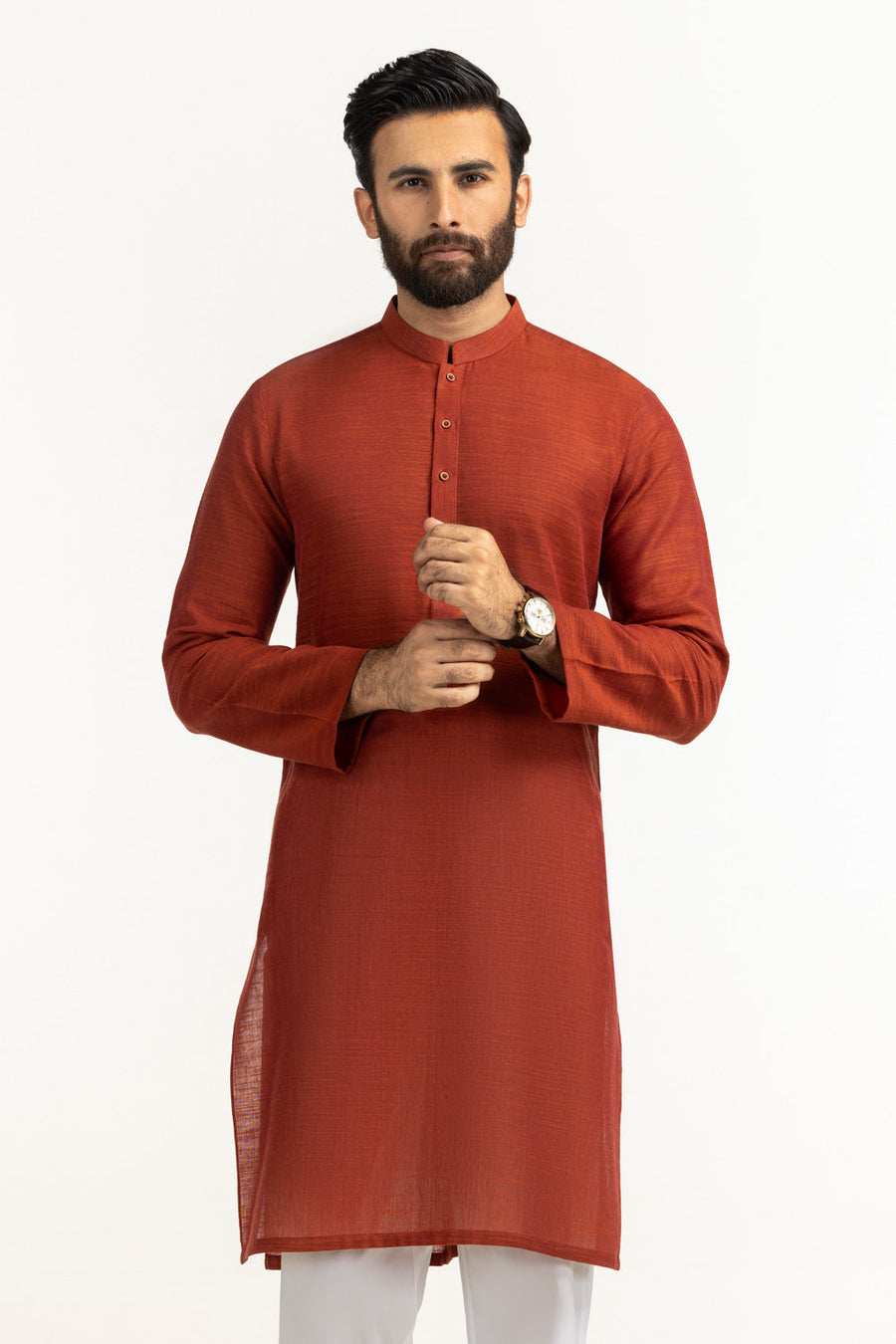 Rust Linen 2-Piece Kurta | Mandarin Collar Button Front