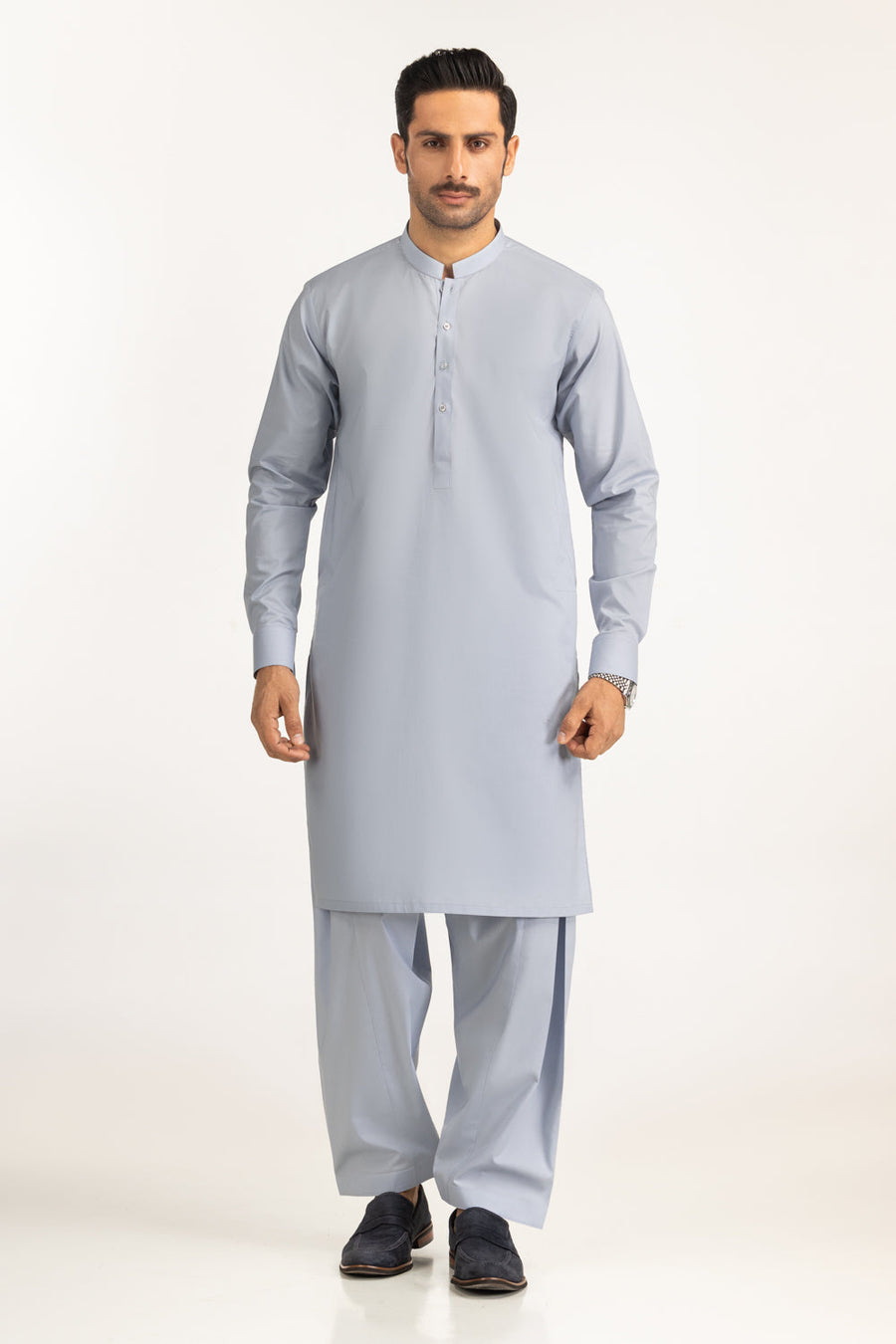 Slate Blue Cotton 2-Piece Kurta | Mandarin Collar Design