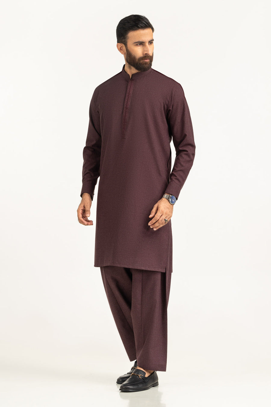 Burgundy Cotton Men's Kurta | Textured Placket Detail