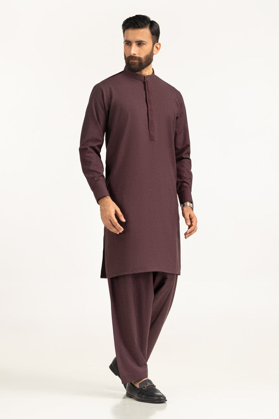 Burgundy Cotton Men's Kurta | Textured Placket Detail