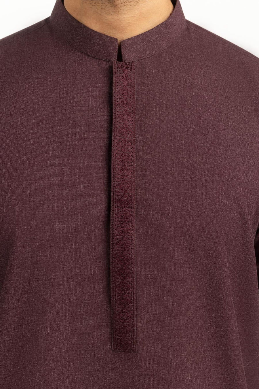 Burgundy Cotton Men's Kurta | Textured Placket Detail