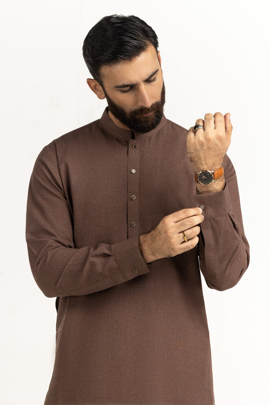 Chocolate Brown Silk 2-Piece Kurta | Mandarin Collar