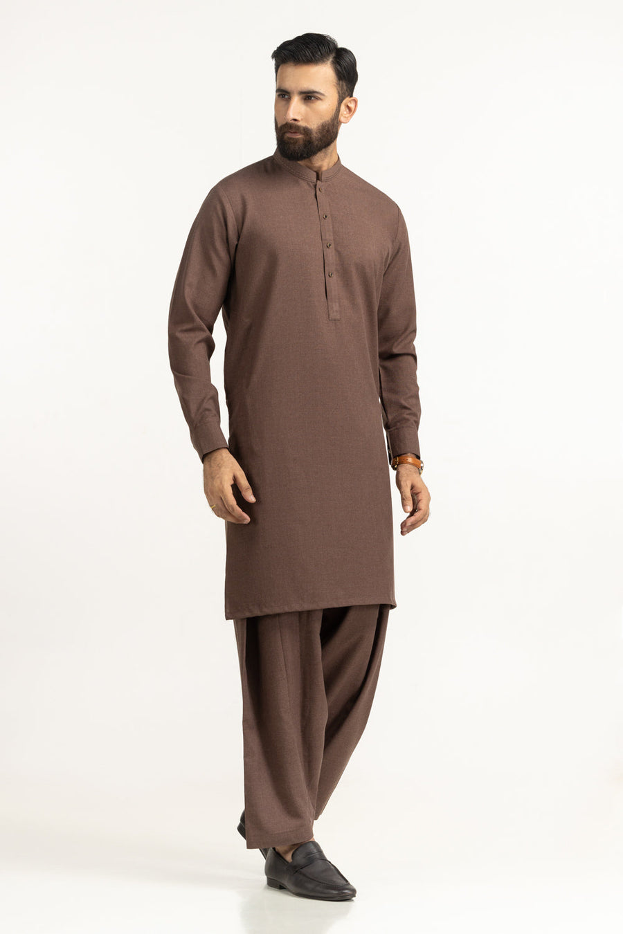 Chocolate Brown Silk 2-Piece Kurta | Mandarin Collar
