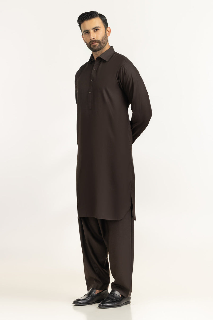 Chocolate Brown Silk 2-Piece Kurta | Buttoned Placket Design