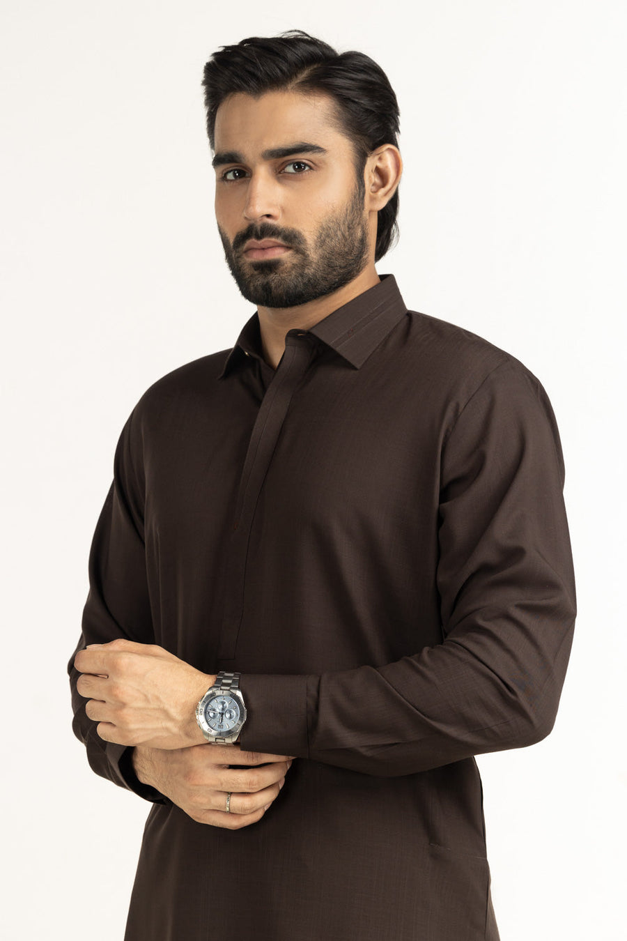 Chocolate Brown Silk 2-Piece Kurta | Minimalist Collar