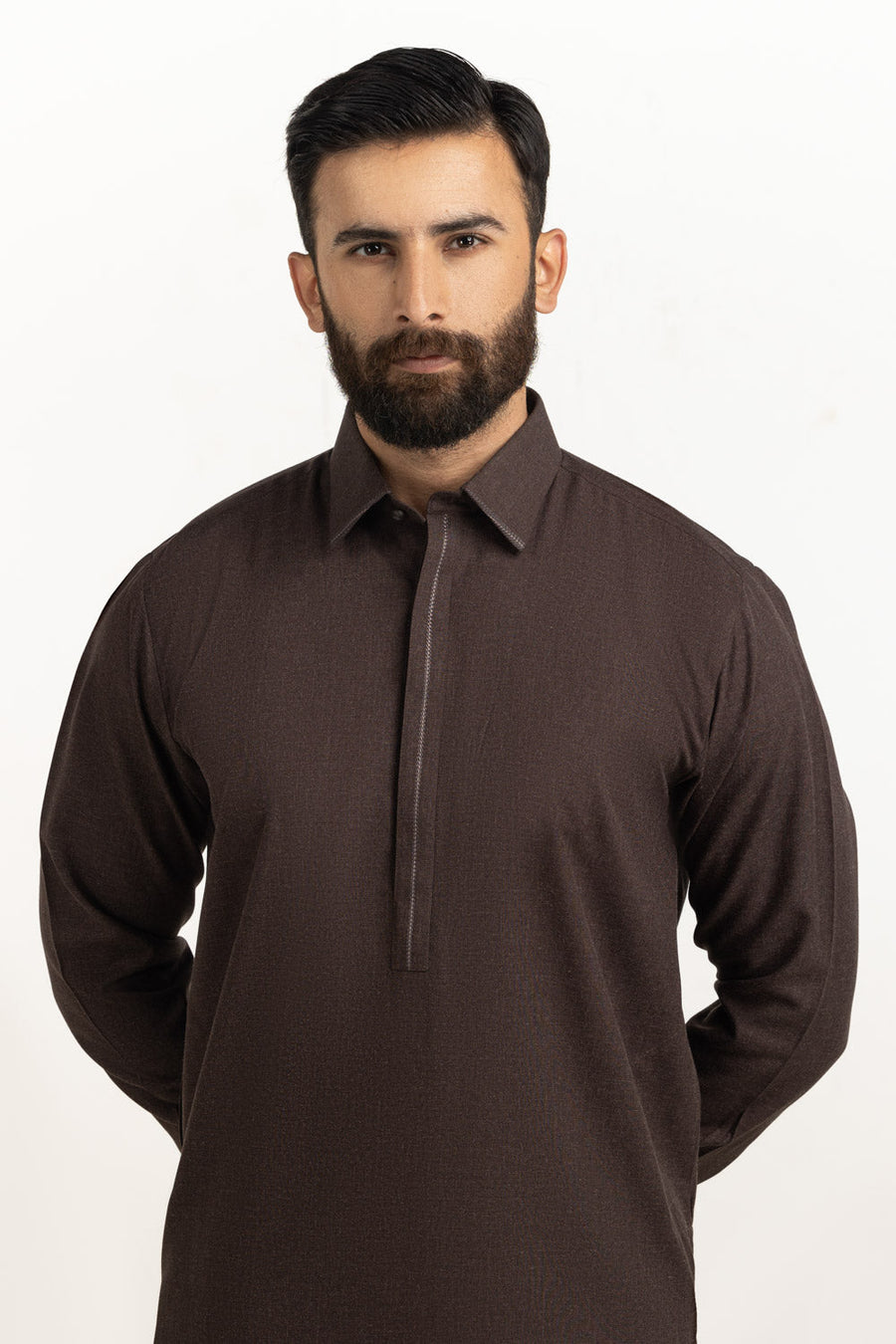 Chocolate Brown Muga Silk 2-Piece Men's Kurta | Half-Zip