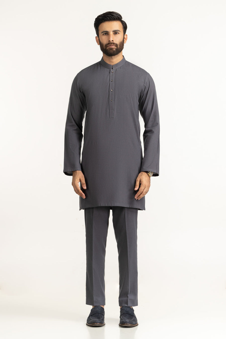 Slate Grey Mulberry Silk 2-Piece Kurta | Mandarin Collar