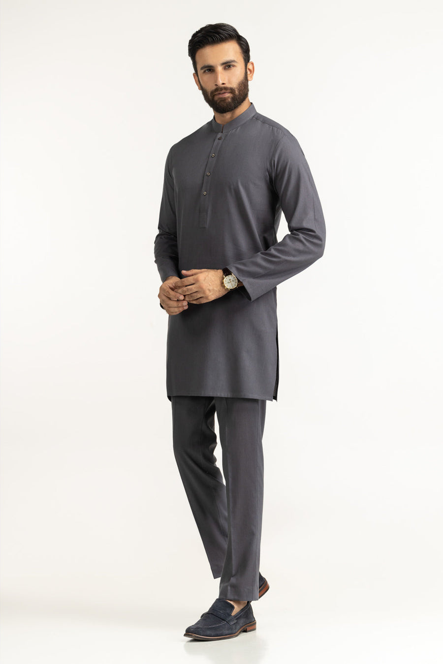 Slate Grey Mulberry Silk 2-Piece Kurta | Mandarin Collar