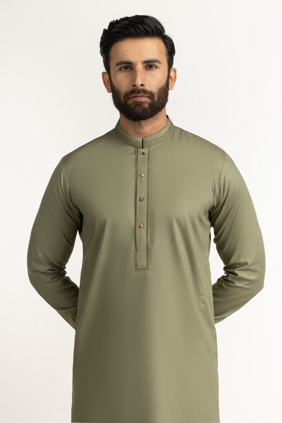 Sage Green Muga Silk 2-Piece Kurta | Embroidered Neckline