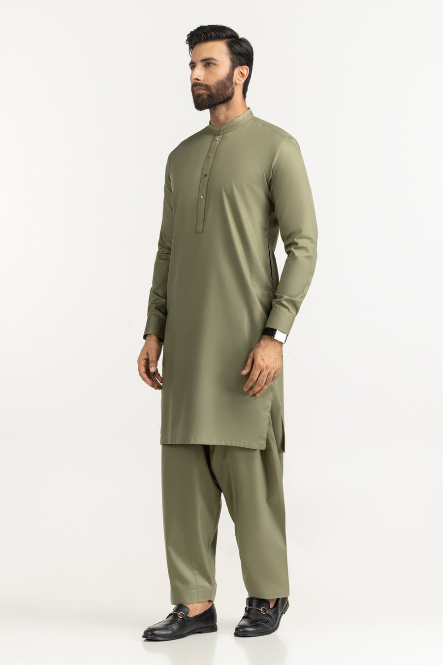 Sage Green Muga Silk 2-Piece Kurta | Embroidered Neckline