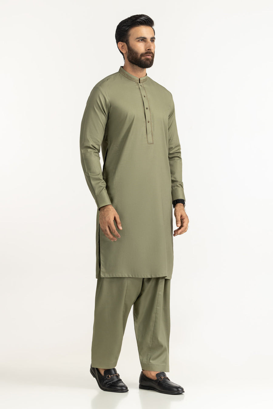 Sage Green Muga Silk 2-Piece Kurta | Embroidered Neckline