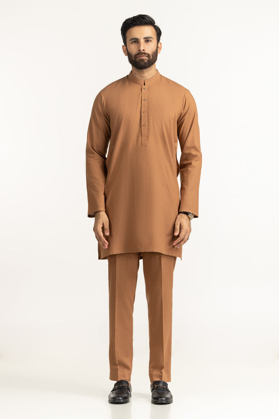 Rust Brown Linen 2-Piece Kurta | Mandarin Collar