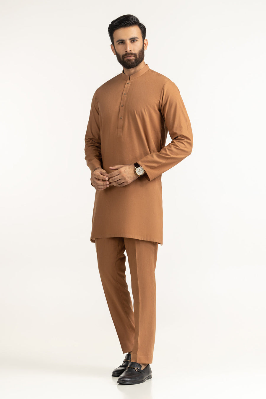 Rust Brown Linen 2-Piece Kurta | Mandarin Collar