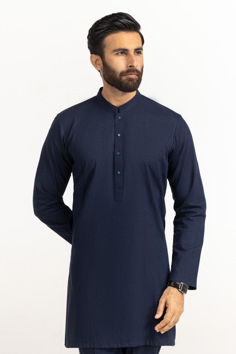 Midnight Navy Linen 2-Piece Kurta | Henley Neckline
