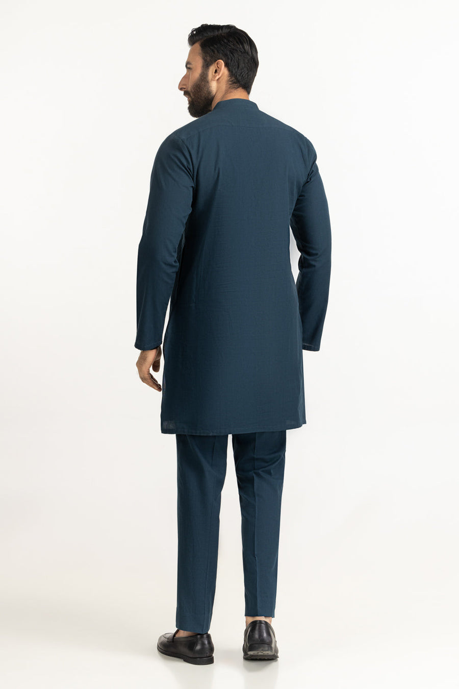 Slate Blue Mulberry Silk 2-Piece Kurta Set | Henley Neckline