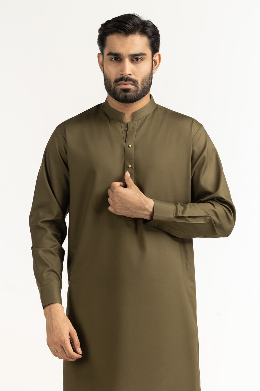 Olive Silk 2-Piece Kurta | Mandarin Collar with Pearl Buttons