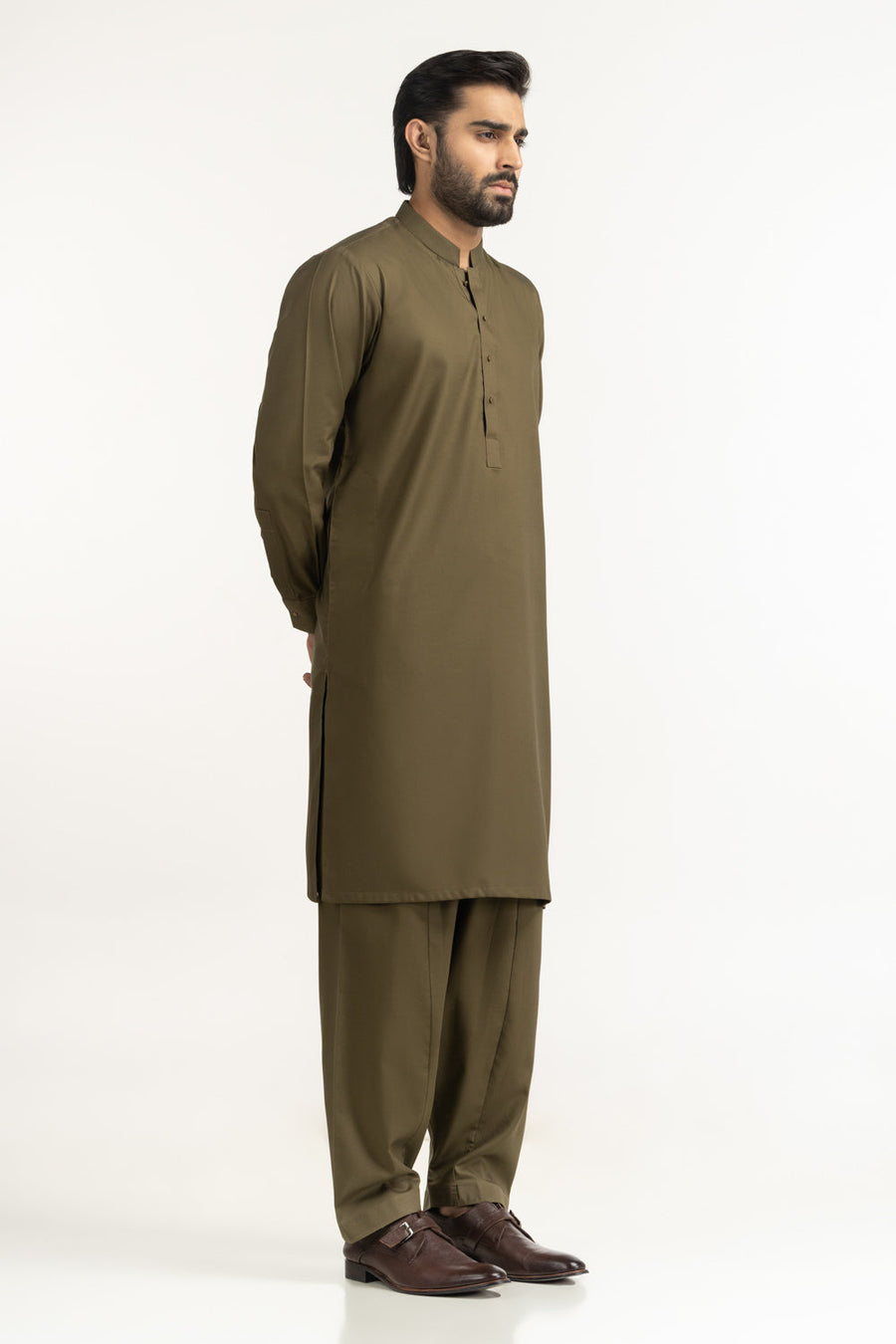 Olive Silk 2-Piece Kurta | Mandarin Collar with Pearl Buttons