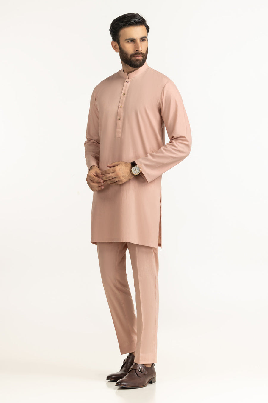 Tea Pink Silk 2-Piece Kurta Set | Henley Neckline