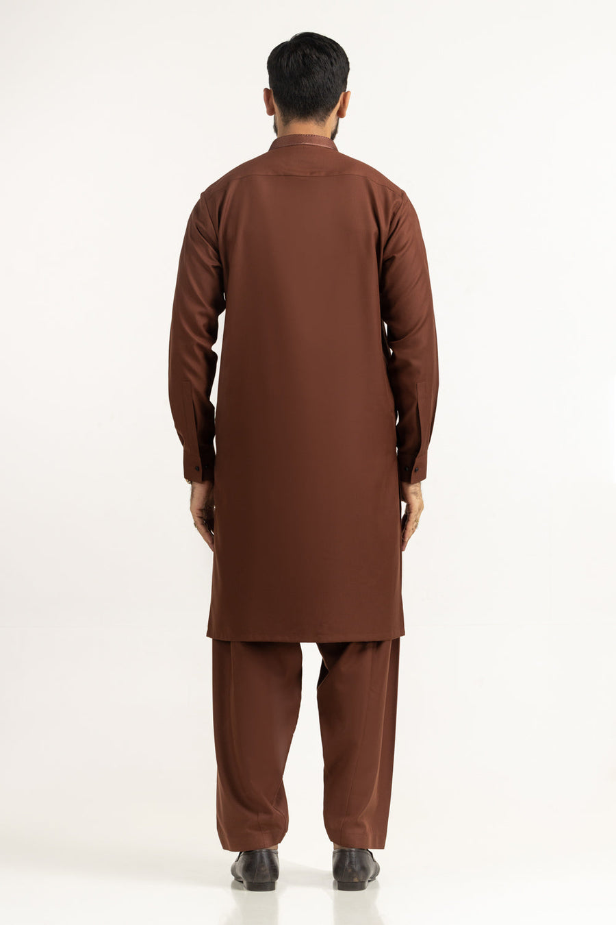 Rust Brown Khaddar 2-Piece Kurta Shalwar | Mandarin Collar