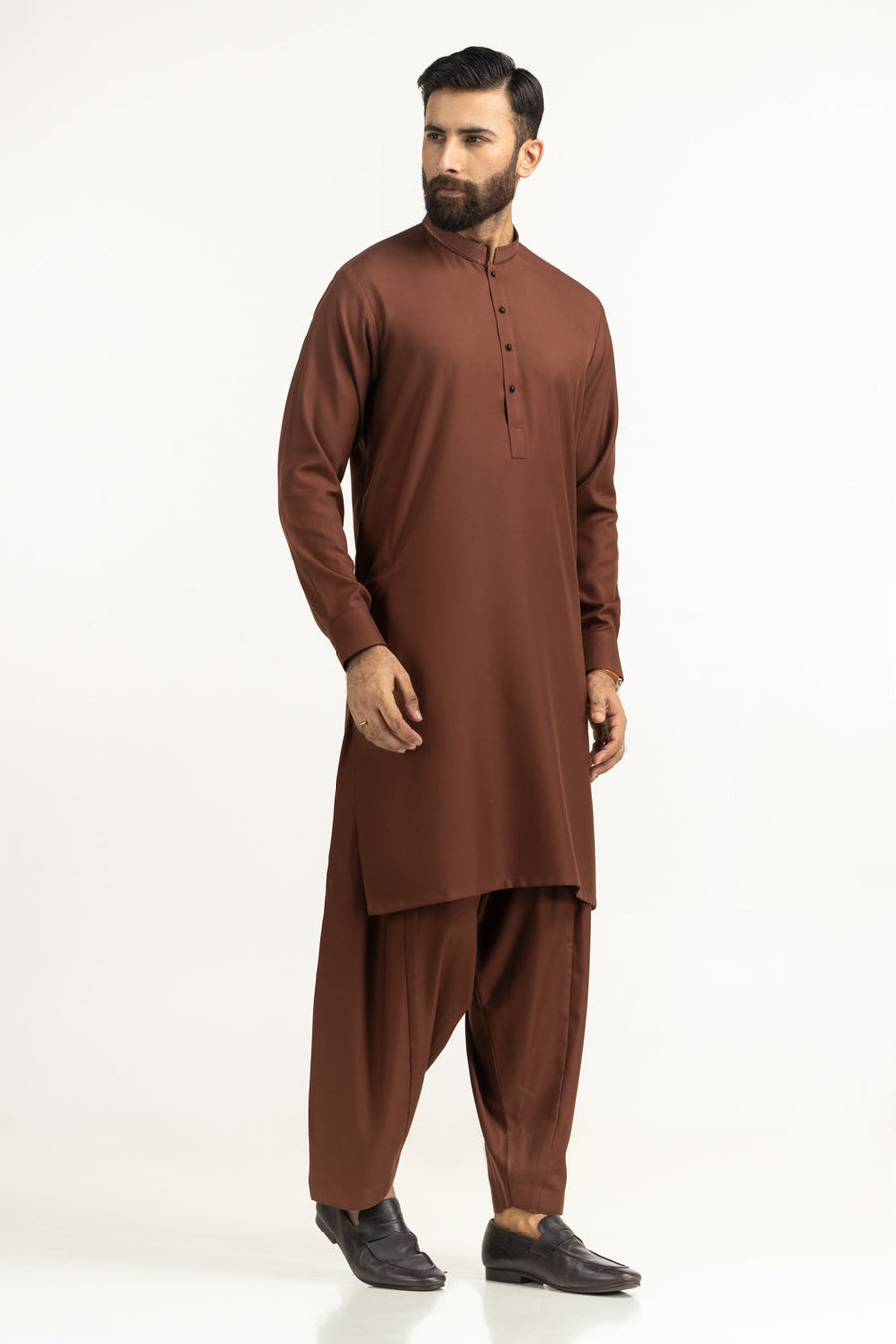 Rust Brown Khaddar 2-Piece Kurta Shalwar | Mandarin Collar