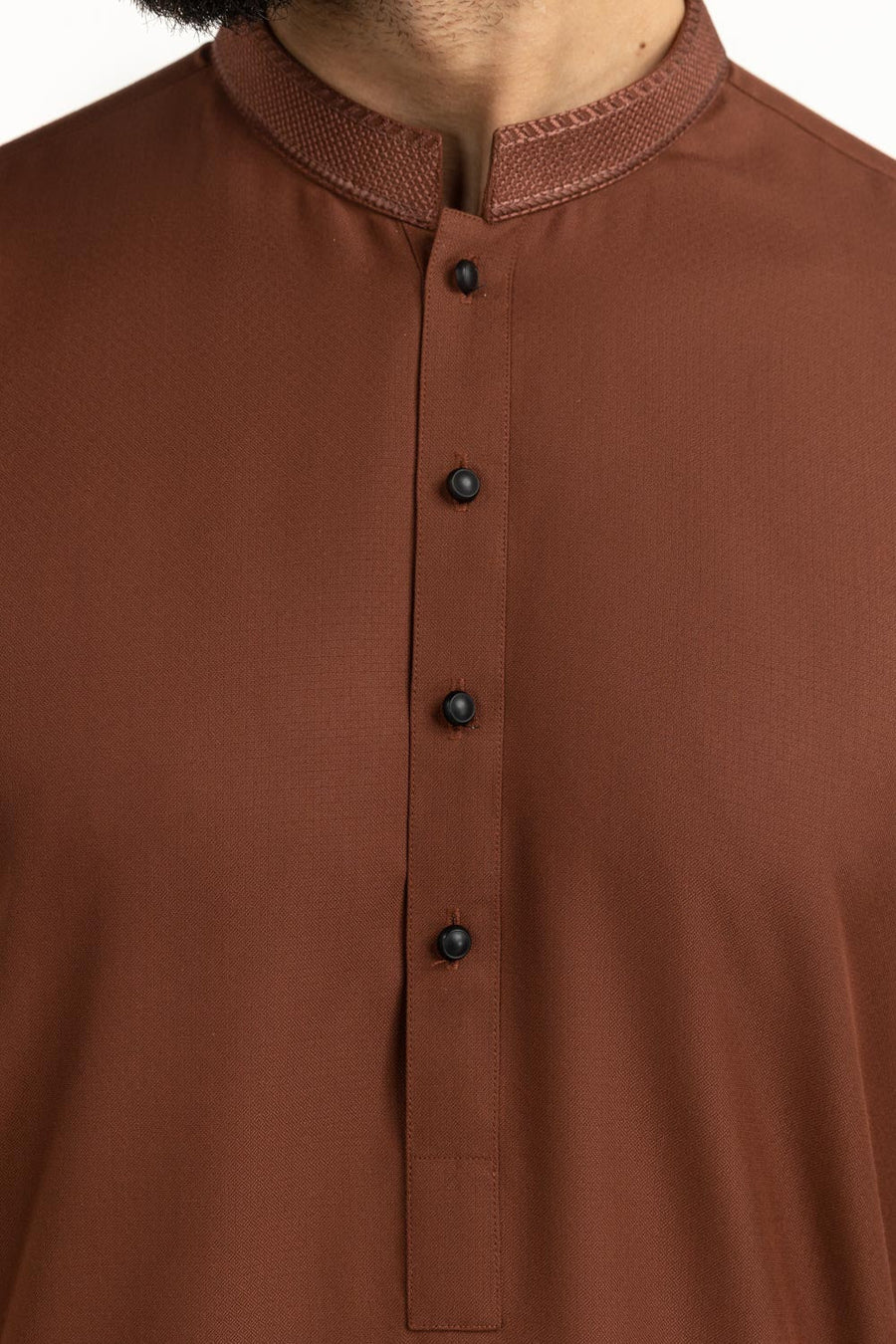 Rust Brown Khaddar 2-Piece Kurta Shalwar | Mandarin Collar