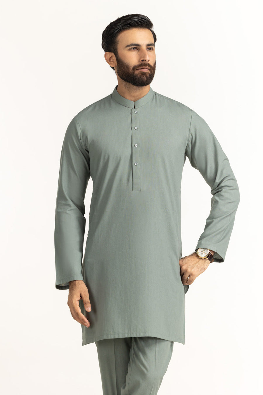 Sage Linen 2-Piece Kurta Set | Mandarin Collar