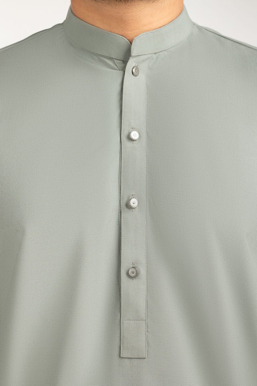 Sage Green Mulberry Silk 2-Piece Kurta | Mandarin Collar