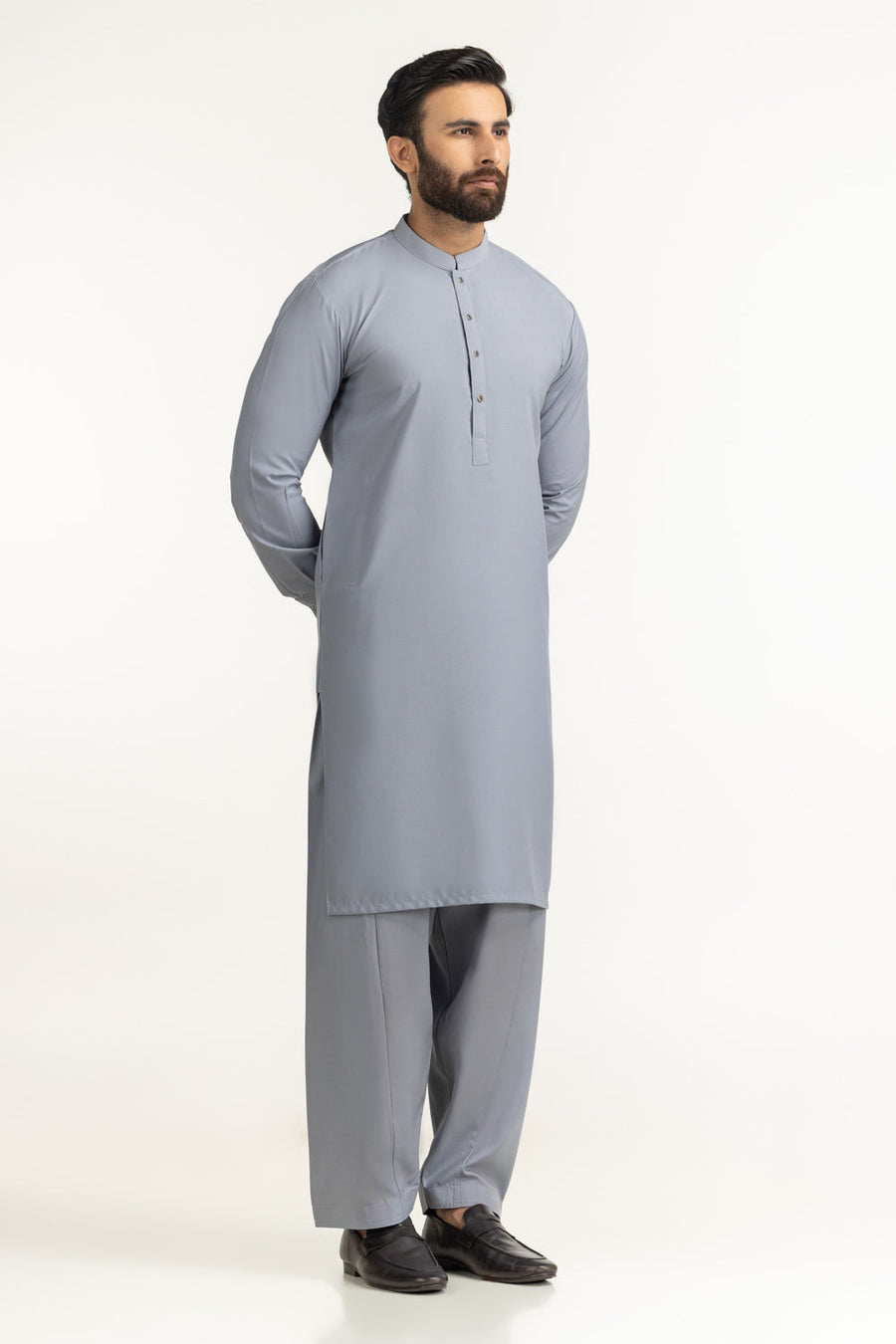 Slate Blue Mulberry Silk 2-Piece Kurta | Mandarin Collar