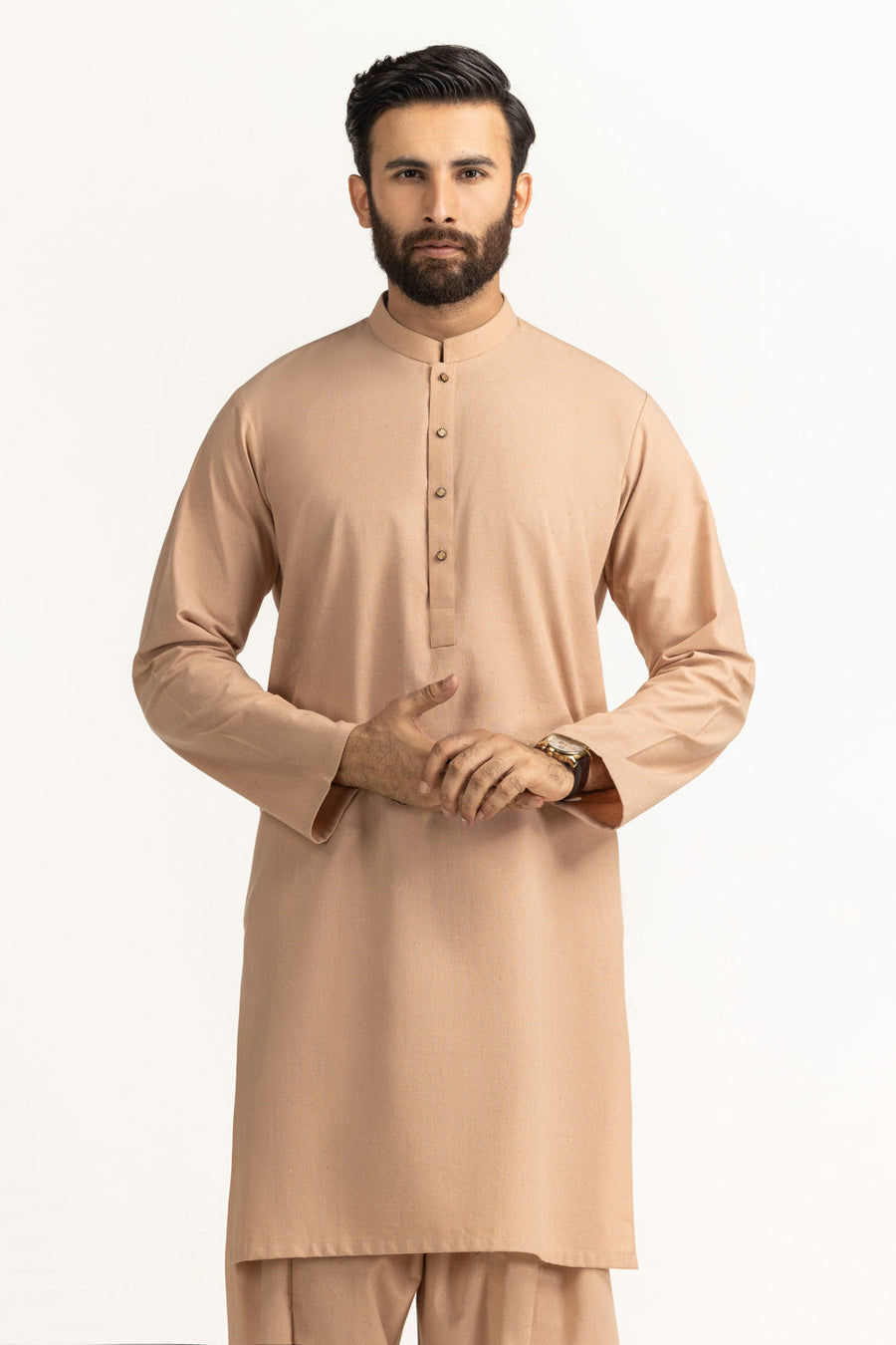Warm Taupe Cotton 2-Piece Kurta | Mandarin Collar