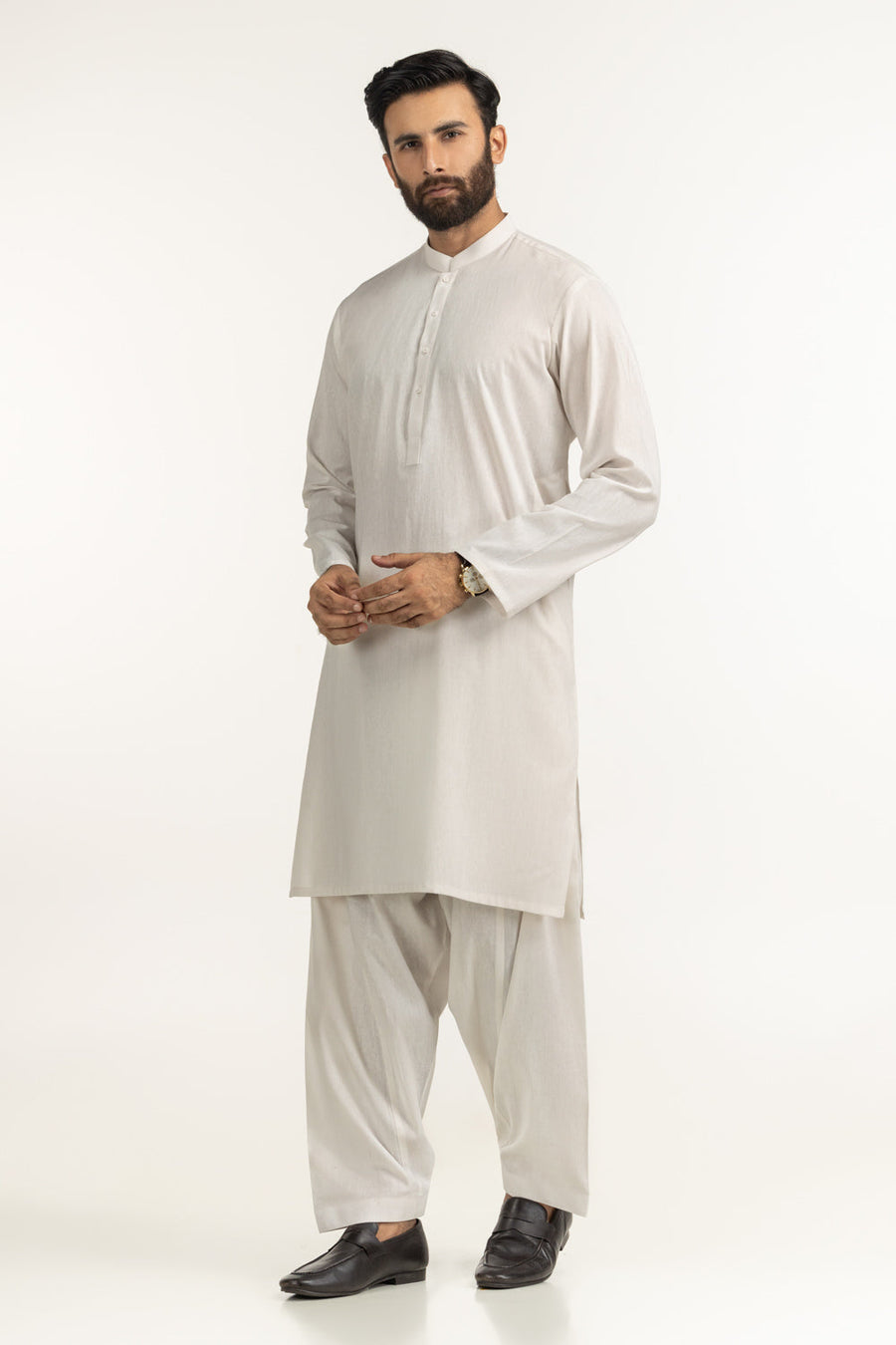 Off-White Mulberry Silk 2-Piece Kurta | Mandarin Collar Design